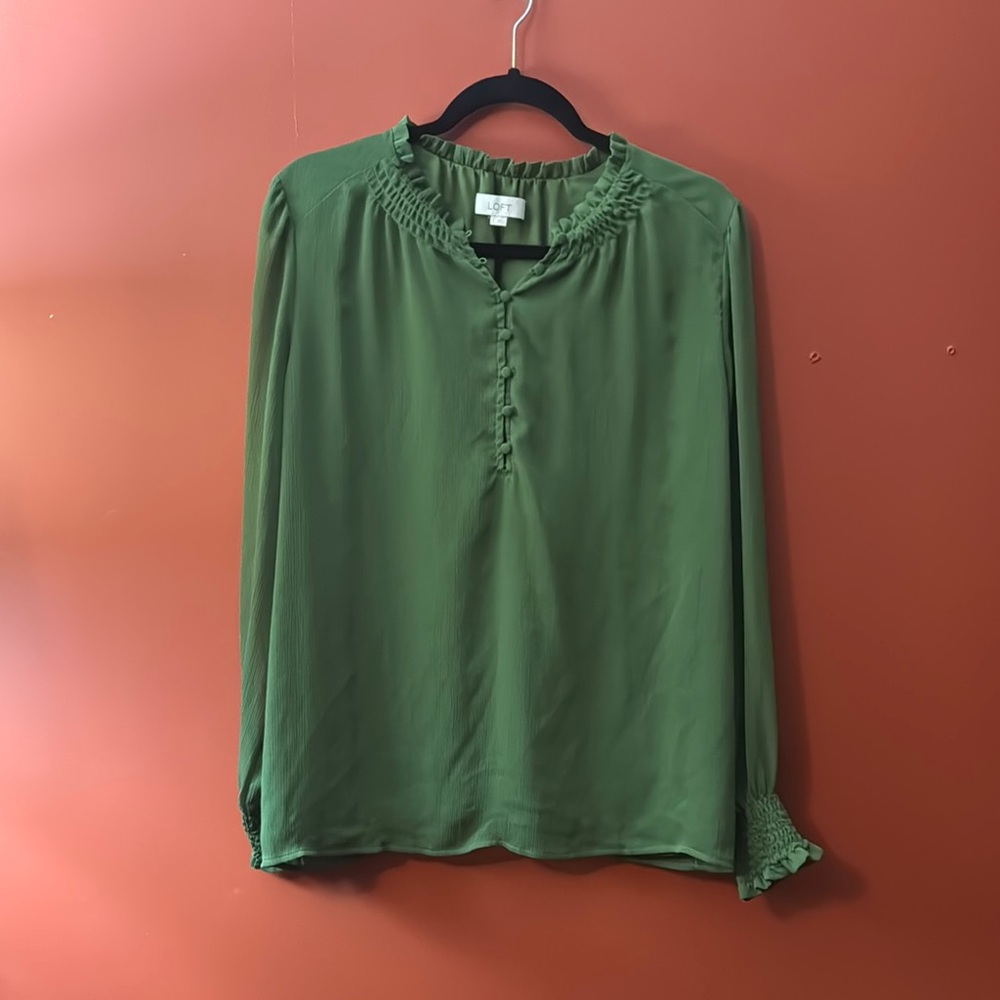 LOFT Olive Green Long Sleeve Ruffle Neck Blouse